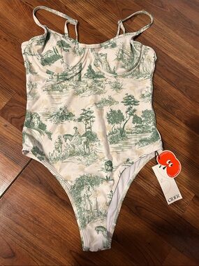 Cider Cream and Light Green Toile One-Piece Swimsuit